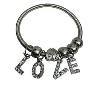 Silver Tone Charm Bracelet LOVE Rhinestone Stretch Bangle Fashion Jewelry Size 7